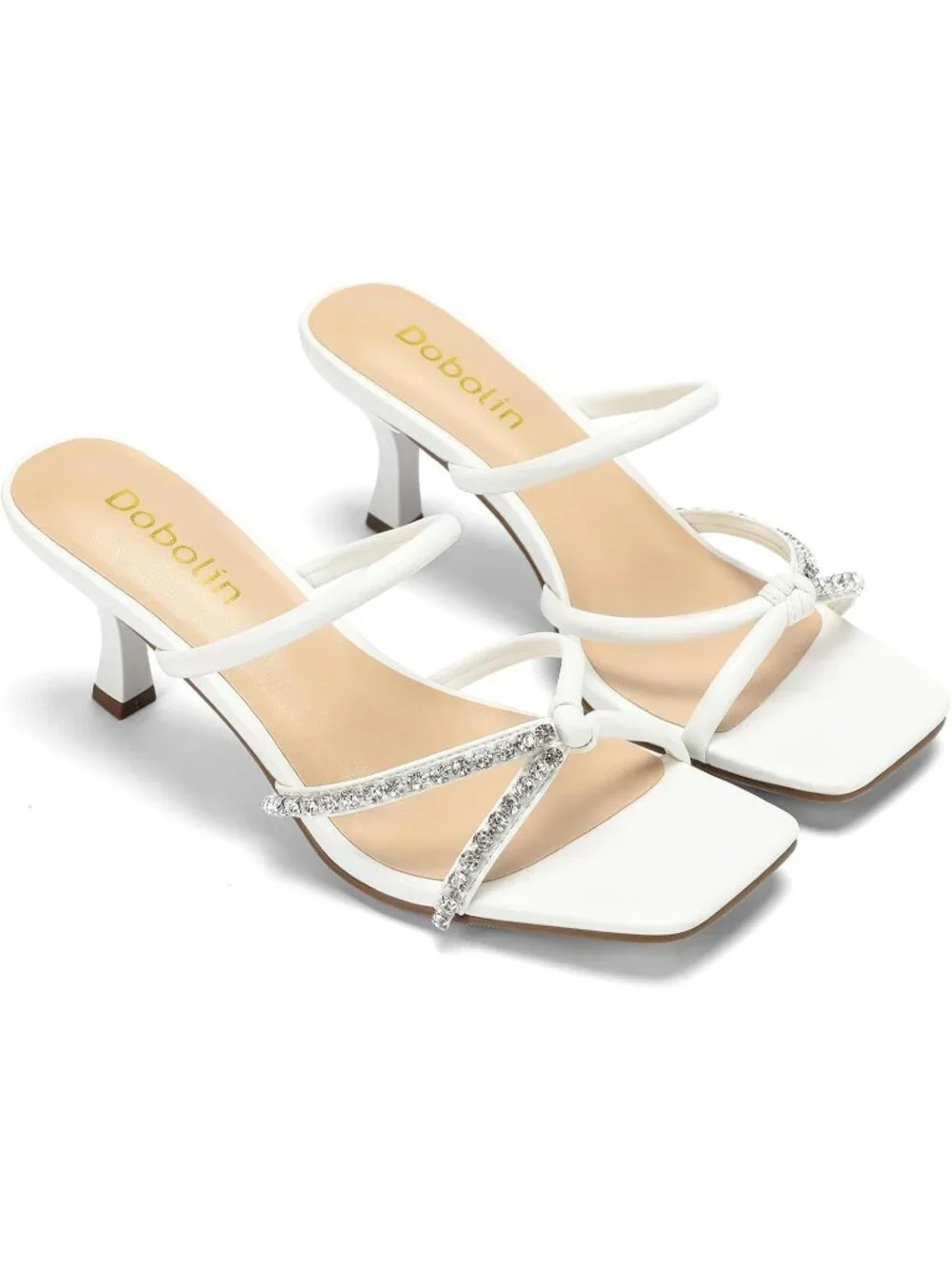 Women's White Summer Comfortable Open Toe Strappy Slides Kitten Heeled Sandals